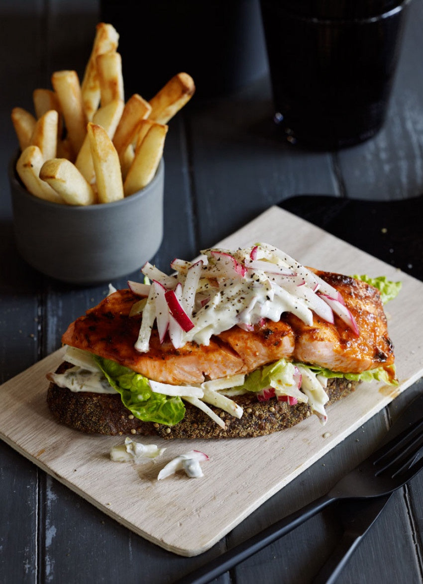 Grilled Salmon Sandwich with Apple Mayo + Fries