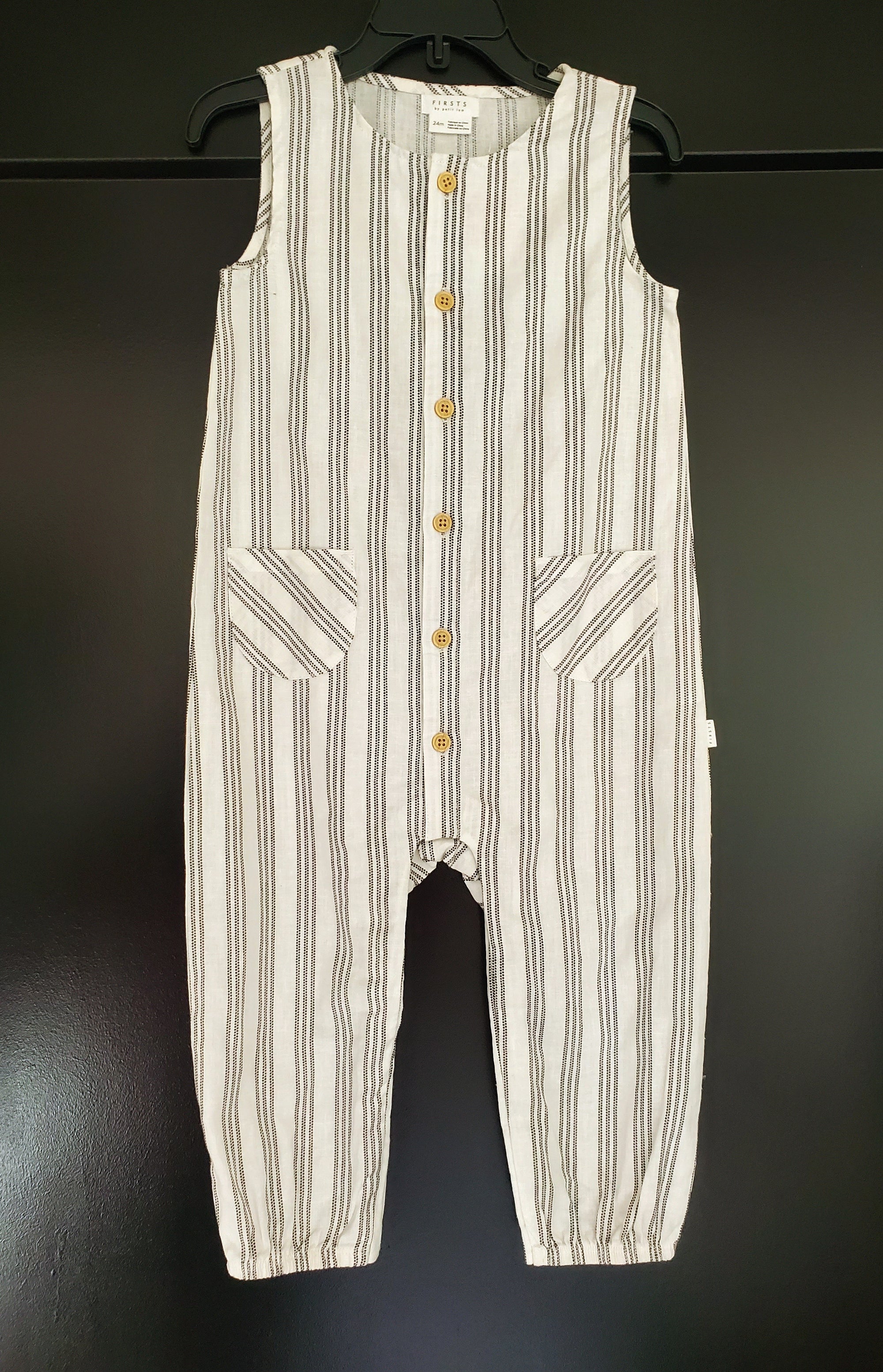 FIRSTS Off White Black Pinstriped Romper, 24m