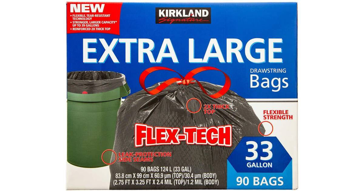 Kirkland SIgnaute Flex-Tech Extra Large Drawstring Bags, 33 Gallons