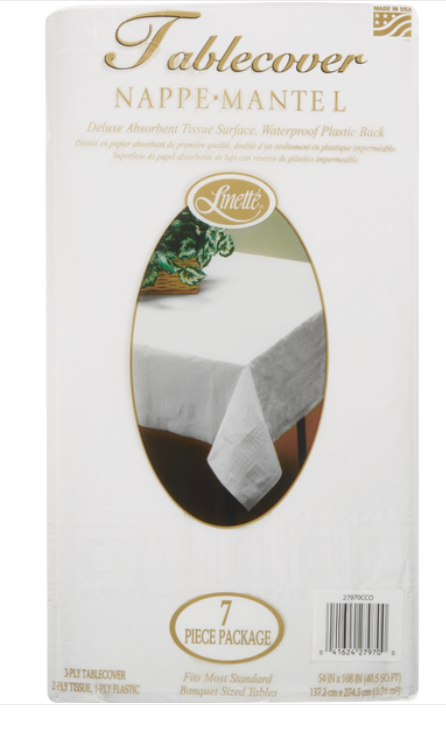 Linette White Rectangular 54" x 108" Plastic-Lined Paper Tablecloth, 7pk