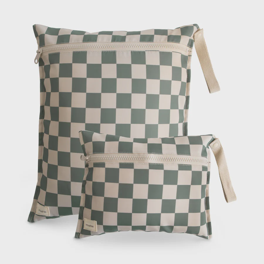 Mushie Water Resistant Wet Bag, Olive Check