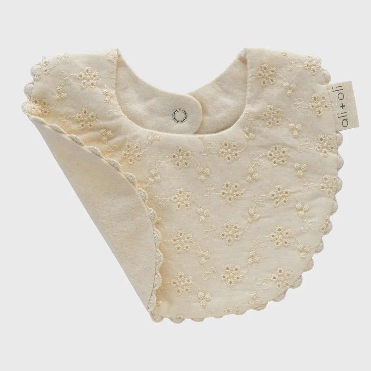 Ali+Oli Cotton Baby Bib Double-Sided, Cream, Eyelet Flowers