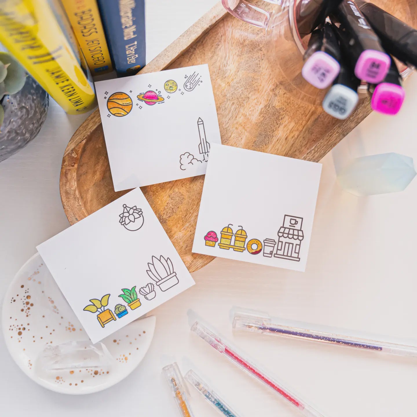 A Brighter Year Mini Color Your Own Post-its Bundle, Space, Coffee & Plants