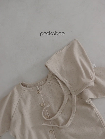Peekaboo Solid Fall Winter Baby Bodysuit Romper w/ Hat, Beige, 6m