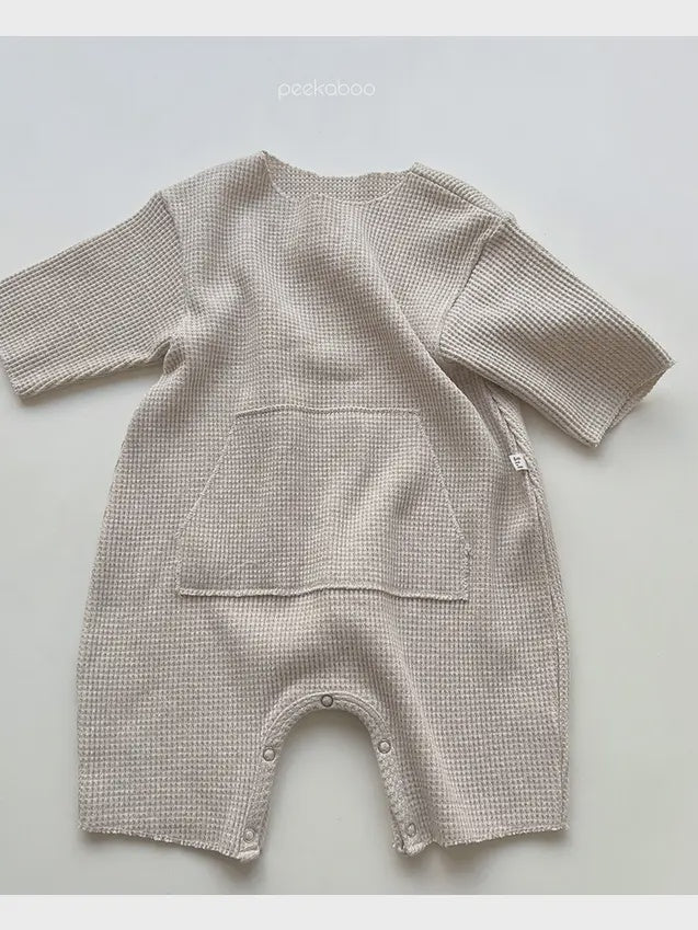 Peekaboo Baby Waffle Knit Romper w/ Snap Closure, Tan, 6m