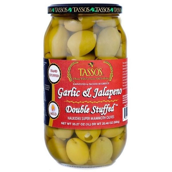 Tassos Double Stuffed Garlic & Jalapeno Halkidiki Super Mammoth Olives