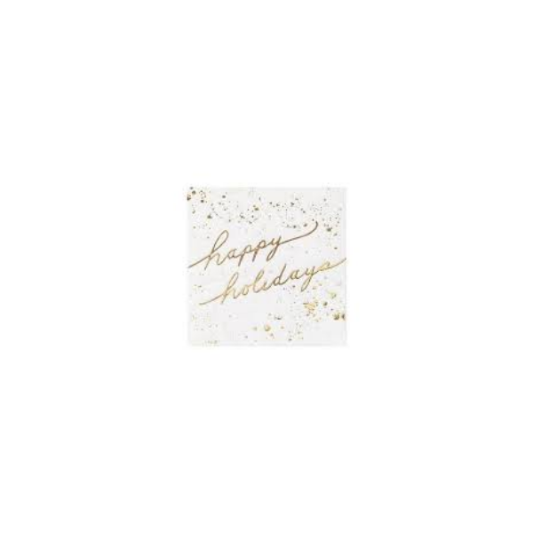 Blanc - White & Gold Happy Holidays Cocktail Paper Napkins, 20 ct