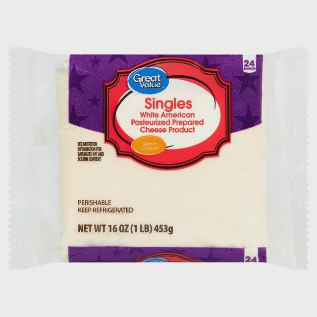 Great Value Pasteurized White American Cheese Slices, 16 oz, 24 ct