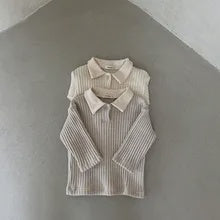Cotton Long Sleeve Ribbed Shirt w/ Collar, Off White, 12m