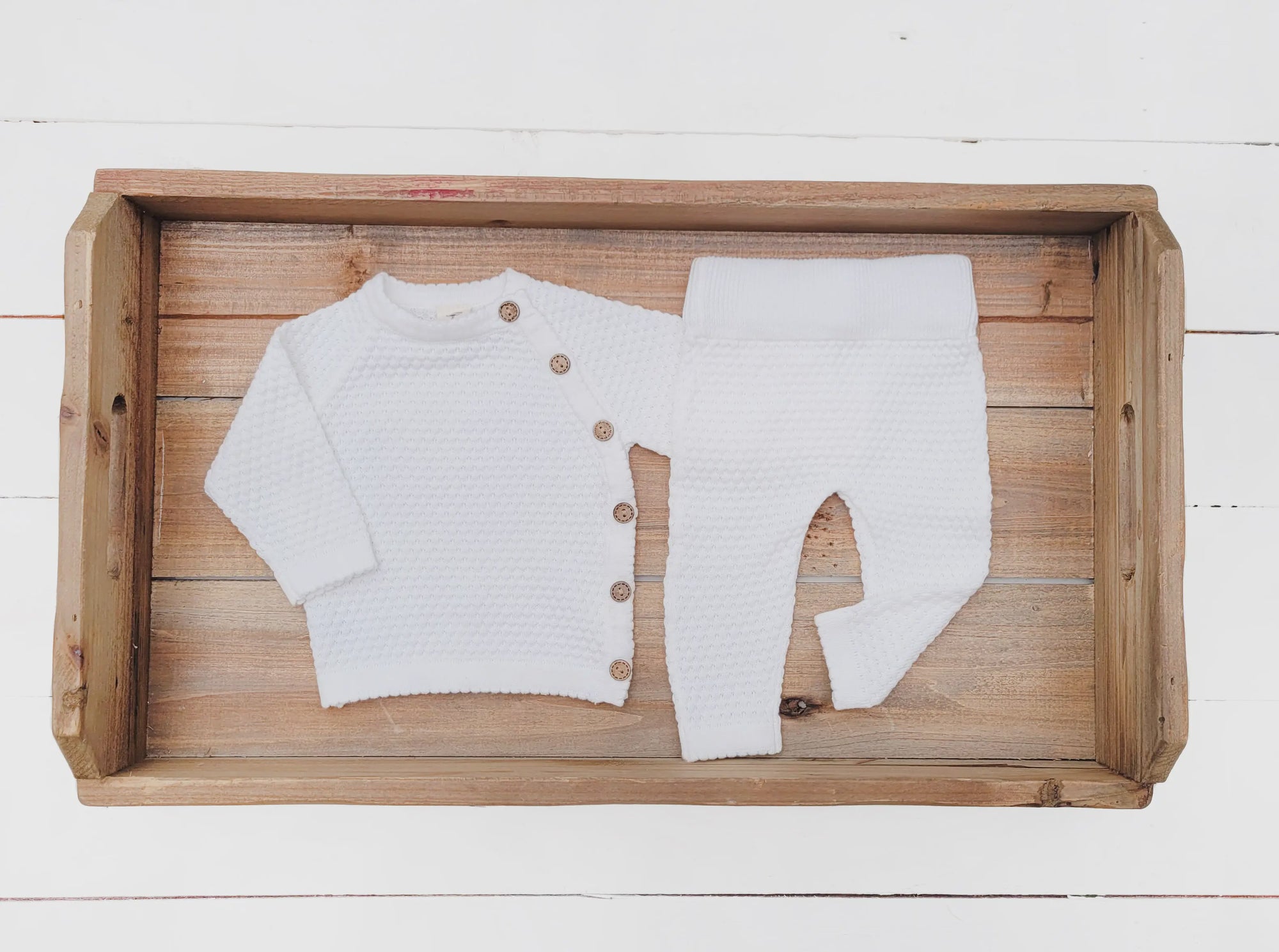 Olive & Cradle Noah Cotton Knit 2pc Shirt and Pant Set / White
