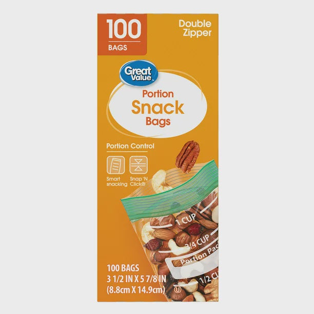 Great Value Fresh Seal Double Zipper Rectangle Portion Snack Bags, 100 Count