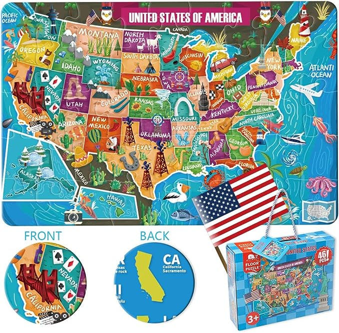 MiniWhale Map of the USA Floor Puzzle, 46 pcs, 36in x 24in